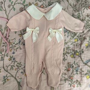 Baby Pink Knit One-Piece with Ivory Peter Pan Collar and Bows